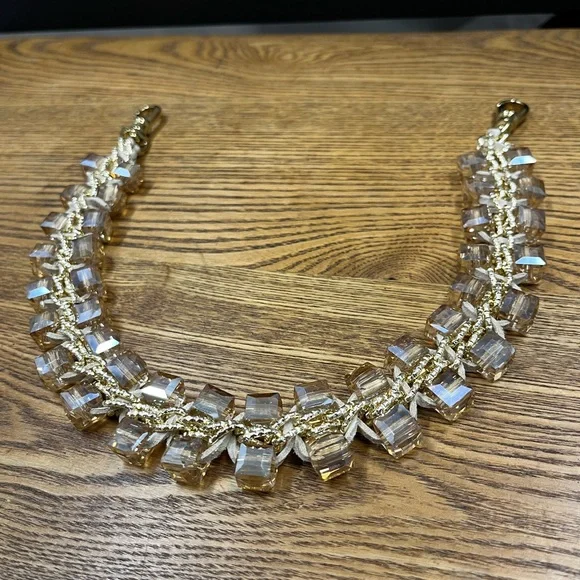 Embellished Acrylic Cube Bag Strap • Gold Chain & Woven Suede • Champagne Beads - Picture 2 of 5